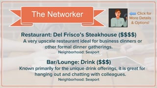 Restaurant: Del Frisco’s Steakhouse ($$$$)
A very upscale restaurant ideal for business dinners or
other formal dinner gatherings.
Neighborhood: Seaport
Bar/Lounge: Drink ($$$)
Known primarily for the unique drink oﬀerings, it is great for
hanging out and chatting with colleagues.
Neighborhood: Seaport
The Networker Click for
More Details
& Options!
 