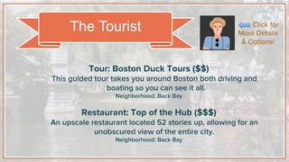 Tour: Boston Duck Tours ($$)
This guided tour takes you around Boston both driving and
boating so you can see it all.
Neighborhood: Back Bay
Restaurant: Top of the Hub ($$$)
An upscale restaurant located 52 stories up, allowing for an
unobscured view of the entire city.
Neighborhood: Back Bay
The Tourist Click for
More Details
& Options!
 