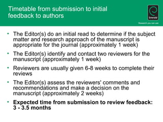 Timetable from submission to initial
feedback to authors
• The Editor(s) do an initial read to determine if the subject
ma...