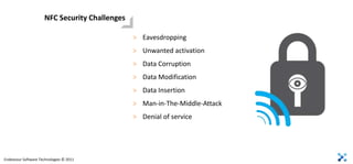 NFC Security Challenges

                                               > Eavesdropping
                                               > Unwanted activation
                                               > Data Corruption
                                               > Data Modification
                                               > Data Insertion
                                               > Man-in-The-Middle-Attack
                                               > Denial of service




Endeavour Software Technologies © 2011
 