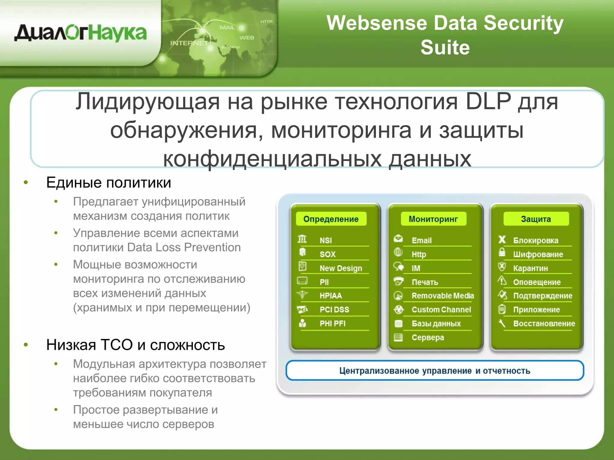 Websense Data Security
Suite
Лидирующая на рынке технология DLP для
обнаружения, мониторинга и защиты
конфиденциальных данных
• Единые политики
• Предлагает унифицированный
механизм создания политик
• Управление всеми аспектами
политики Data Loss Prevention
• Мощные возможности
мониторинга по отслеживанию
всех изменений данных
(хранимых и при перемещении)
• Низкая TCO и сложность
• Модульная архитектура позволяет
наиболее гибко соответствовать
требованиям покупателя
• Простое развертывание и
меньшее число серверов
 