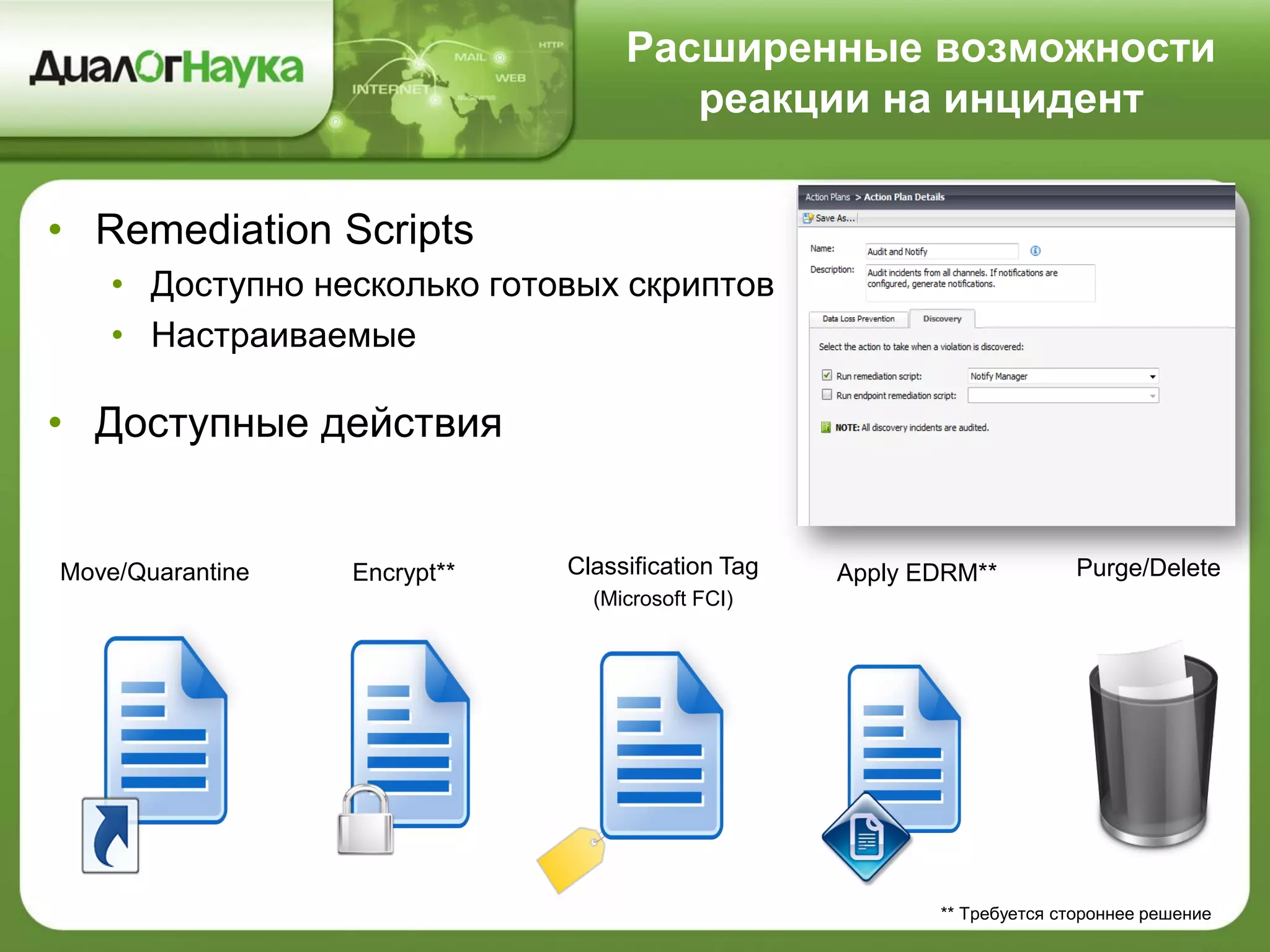 Расширенные возможности
реакции на инцидент
• Remediation Scripts
• Доступно несколько готовых скриптов
• Настраиваемые
• Доступные действия
** Требуется стороннее решение
Move/Quarantine Encrypt** Classification Tag
(Microsoft FCI)
Apply EDRM** Purge/Delete
 