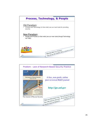 25 
Process, Technology, & People 
Old Paradigm: 
• Process and Technology (in that order) are our main tools for providing 
security. 
New Paradigm: 
• People and Process (in that order) are our main tools (though Technology 
can help). 
Problem: Lack of Research-Based Security Practice 
The Journal of Physical Security 
A free, non-profit, online 
peer-reviewed R&D journal 
http://jps.anl.gov 
 