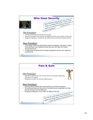 24 
Who Does Security 
Old Paradigm: 
• Trained security personnel provide security. 
• Security managers and security con...