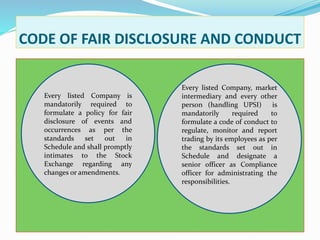 CODE OF FAIR DISCLOSURE AND CONDUCT
Every listed Company is
mandatorily required to
formulate a policy for fair
disclosure of events and
occurrences as per the
standards set out in
Schedule and shall promptly
intimates to the Stock
Exchange regarding any
changes or amendments.
Every listed Company, market
intermediary and every other
person (handling UPSI) is
mandatorily required to
formulate a code of conduct to
regulate, monitor and report
trading by its employees as per
the standards set out in
Schedule and designate a
senior officer as Compliance
officer for administrating the
responsibilities.
 