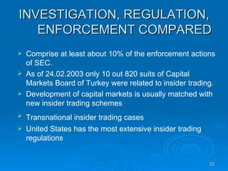 INVESTIGATION, REGULATION, ENFORCEMENT COMPARED Comprise at least about 10% of the enforcement actions of SEC.  As of 24.02.2003 only 10 out 820 suits of Capital Markets Board of Turkey were related to insider trading.  Development of capital markets is usually matched with new insider trading schemes Transnational insider trading cases   United States has the most extensive insider trading regulations 