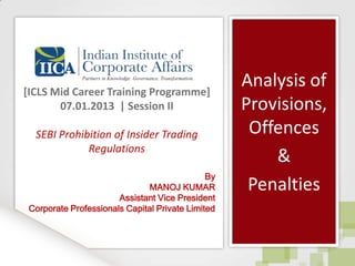 [ICLS Mid Career Training Programme]
                                                   Analysis of
       07.01.2013 | Session II                     Provisions,
  SEBI Prohibition of Insider Trading               Offences
             Regulations
                                                       &
                                              By
                               MANOJ KUMAR          Penalties
                       Assistant Vice President
 Corporate Professionals Capital Private Limited
 