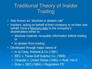 Traditional Theory of Insider Trading Also known as “disclose or abstain rule” Insiders, acting on behalf of their company or on their own behalf, have a  fiduciary duty  to the company’s shareholders either to  disclose material, nonpublic information before trading or  to abstain from trading.  Developed through major cases of  In re Cady, Roberts & Co (1961)‏ SEC v. Texas Gulf Sulphur Co. (1968)  Chiarella v. United States (1980) -> Rule 14e-3 Dirks v. SEC (1984)-> Regulation FD 