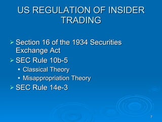 US REGULATION OF INSIDER TRADING Section 16 of the 1934 Securities Exchange Act SEC Rule 10b-5 Classical Theory Misappropriation Theory SEC Rule 14e-3 