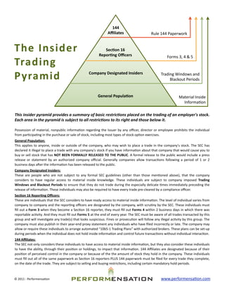 144
                                                                                                      Aﬃliates                                       Rule	
  144	
  Paperwork


The	
  Insider	
                                                                               Sec-on	
  16	
  
                                                                                            Repor-ng	
  Oﬃcers                                                         Forms	
  3,	
  4	
  &	
  5
Trading	
  
Pyramid                                                                          Company	
  Designated	
  Insiders                                              Trading	
  Windows	
  and	
  
                                                                                                                                                                     Blackout	
  Periods


                                                                                           General	
  Popula-on                                                                     Material	
  Inside	
  
                                                                                                                                                                                      InformaBon

This	
  insider	
  pyramid	
   provides	
  a	
  summary	
  of	
  basic	
  restric5ons	
  placed	
  on	
  the	
   trading	
  of	
  an	
  employer's	
  stock.	
  
                                                                                                                                                            	
  
Each	
  area	
  in	
  the	
  pyramid	
  is	
  subject	
  to	
  all	
  restric5ons	
  to	
  its	
  right	
  and	
  those	
  below	
  it.

Possession	
   of	
   material,	
   nonpublic	
   informaBon	
   regarding	
  the	
   Issuer	
   by	
  any	
   oﬃcer,	
  director	
   or	
   employee	
   prohibits	
   the	
   individual	
  
from	
  parBcipaBng	
  in	
  the	
  purchase	
  or	
  sale	
  of	
  stock,	
  including	
  most	
  types	
  of	
  stock	
  opBon	
  exercises.
General	
  Popula-on:	
  
This	
   applies	
  to	
   anyone,	
   inside	
  or	
   outside	
  of	
   the	
   company,	
  who	
   may	
   wish	
   to	
   place	
   a	
  trade	
   in	
   the	
   company's	
   stock.	
   The	
  SEC	
   has	
  
declared	
  it	
  illegal	
   to	
  place	
  a	
  trade	
  with	
   any	
  company's	
  stock	
  if	
  you	
   have	
   informaBon	
  about	
  that	
  company	
  that	
   would	
  cause	
  you	
  to	
  
buy	
  or	
   sell	
   stock	
  that	
  has	
  NOT	
  BEEN	
  FORMALLY	
   RELEASED	
  TO	
  THE	
  PUBLIC.	
   A 	
  formal	
  release	
   to	
  the	
  public	
  would	
  include	
  a	
   press	
  
release	
   or	
   statement	
   by	
   an	
   authorized	
   company	
   oﬃcial.	
   Generally	
   companies	
   allow	
   transacBons	
   following	
   a	
   period	
   of	
   1	
   or	
   2	
  
business	
  days	
  aRer	
  the	
  informaBon	
  has	
  been	
  released	
  to	
  the	
  public.
Company	
  Designated	
  Insiders:	
  
These	
   are	
   people	
   who	
   are	
   not	
   subject	
   to	
   any	
   formal	
   SEC	
   guidelines	
   (other	
   than	
   those	
   menBoned	
   above),	
   that	
   the	
   company	
  
considers	
   to	
   have	
   regular	
   access	
   to	
   material	
   inside	
   knowledge.	
   These	
   individuals	
   are	
   subject	
   to	
   company	
   imposed	
   Trading	
  
Windows	
  and	
   Blackout	
   Periods	
   to	
  ensure	
  that	
  they	
  do	
   not	
   trade	
  during	
  the	
  especially	
  delicate	
  Bmes	
   immediately	
  preceding	
  the	
  
release	
  of	
  informaBon.	
  These	
  individuals	
  may	
  also	
  be	
  required	
  to	
  have	
  every	
  trade	
  pre-­‐cleared	
  by	
  a	
  compliance	
  oﬃcer.
Sec-on	
  16	
  Repor-ng	
  Oﬃcers:	
  
These	
  are	
  individuals	
   that	
   the	
   SEC	
   considers	
  to	
  have	
  ready	
  access	
   to	
  material	
   inside	
  informaBon.	
  The	
  level	
   of	
  individual	
  varies	
  from	
  
company	
  to	
  company	
  and	
  the	
  reporBng	
  oﬃcers	
  are	
  designated	
  by	
  the	
   company,	
  with	
  scruBny	
  by	
  the	
   SEC.	
   These	
  individuals	
   must	
  
ﬁll	
  out	
   a	
   Form	
  3	
  when	
  they	
  become	
  a 	
  SecBon	
  16	
   reporter,	
  they	
  must	
   ﬁll	
   out	
   Forms	
  4	
  within	
   2	
   business	
   days	
   in	
  which	
   there	
   was	
  
reportable	
  acBvity.	
  And	
  they	
   must	
  ﬁll	
  out	
   Forms	
  5	
  at	
   the	
  end	
  of	
   every	
  year.	
  The	
  SEC	
  must	
  be	
  aware	
  of	
  all	
  trades	
  transacted	
  by	
  this	
  
group	
  and	
   will	
   invesBgate	
  any	
  trade(s)	
  that	
  looks	
   suspicious.	
  Fines	
  or	
  prosecuBon	
  will	
   follow	
  any	
   illegal	
  acBvity	
  by	
  this	
  group.	
  The	
  
company	
  must	
  also	
  publish	
  in	
  their	
   year-­‐end	
  proxy	
  statement	
  any	
  individuals	
  who	
  have	
  ﬁled	
   incorrectly	
  or	
   late.	
  The	
  company	
  may	
  
allow	
  or	
  require	
  these	
  individuals	
  to	
  arrange	
  automated	
  “10b5-­‐1	
  Trading	
  Plans”	
  with	
  authorized	
  brokers.	
  These	
  plans	
  can	
  be	
  set-­‐up	
  
during	
  periods	
  when	
  the	
  individual	
  does	
  not	
  hold	
  inside	
  informaBon	
  and	
  control	
  future	
  transacBons	
  without	
  individual	
  interacBon.
144	
  Aﬃliates:	
  
The	
  SEC	
   not	
  only	
  considers	
  these	
  individuals	
  to	
  have	
   access	
  to	
  material	
  inside	
  informaBon,	
  but	
   they	
  also	
  consider	
  these	
   individuals	
  
to	
   have	
  the	
  ability,	
  through	
  their	
   posiBon	
   or	
  holdings,	
  to	
   impact	
   that	
   informaBon.	
  144	
   Aﬃliates	
  are	
  designated	
   because	
  of	
   their	
  
posiBon	
   of	
  perceived	
   control	
  in	
   the	
  company	
  or	
   because	
  of	
  the	
  the	
   amount	
  of	
  stock	
  they	
  hold	
  in	
   the	
  company.	
  These	
   individuals	
  
must	
  ﬁll	
  out	
   all	
   of	
  the	
  same	
  paperwork	
  as	
  SecBon	
  16	
  reporters	
  PLUS	
  144	
  paperwork	
  must	
   be	
  ﬁled	
  for	
  every	
  trade	
   they	
  complete,	
  
on	
  the	
  date	
  of	
  the	
  trade.	
  They	
  are	
  subject	
  to	
  selling	
  and	
  buying	
  restricBons,	
  including	
  certain	
  mandatory	
  hold	
  periods.	
  	
  



©	
  2011	
  -­‐	
  PerformensaBon                                                                                                                              www.performensaBon.com
 