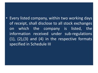 • Every listed company, within two working days
of receipt, shall disclose to all stock exchanges
on which the company is listed, the
information received under sub-regulations
(1), (2),(3) and (4) in the respective formats
specified in Schedule III
 