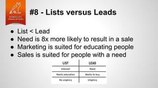#8 - Lists versus Leads
● List < Lead
● Need is 8x more likely to result in a sale
● Marketing is suited for educating people
● Sales is suited for people with a need
 
