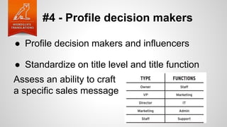 #4 - Profile decision makers
● Profile decision makers and influencers
● Standardize on title level and title function
Assess an ability to craft
a specific sales message
 