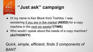 ‘’Just ask’’ campaign
● Hi my name is Ken Block from Toshiba, I was
wondering if you are in the market (NEED) for a copy
machine in the next six weeks?(TIME)
● Who would I speak about the needs of a copy machine?
(AUTHORITY)
Quick, simple, efficient, finds 3 components of
BANT
 