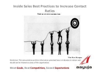AAyuja © 2013
Disclaimer: This presentation and the information provided here is indicative in nature and
should not be treated as views of the organization.
Inside Sales Best Practices to Increase Contact
Ratios
Visit us at www.aayuja.comVisit us at www.aayuja.com
Meet Goals, Beat Competition, Exceed Expectations
*Via Ken Krogue*Via Ken Krogue
 