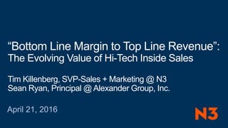 April 21, 2016
“Bottom Line Margin to Top Line Revenue”:
The Evolving Value of Hi-Tech Inside Sales
Tim Killenberg, SVP-Sales + Marketing @ N3
Sean Ryan, Principal @ Alexander Group, Inc.
 
