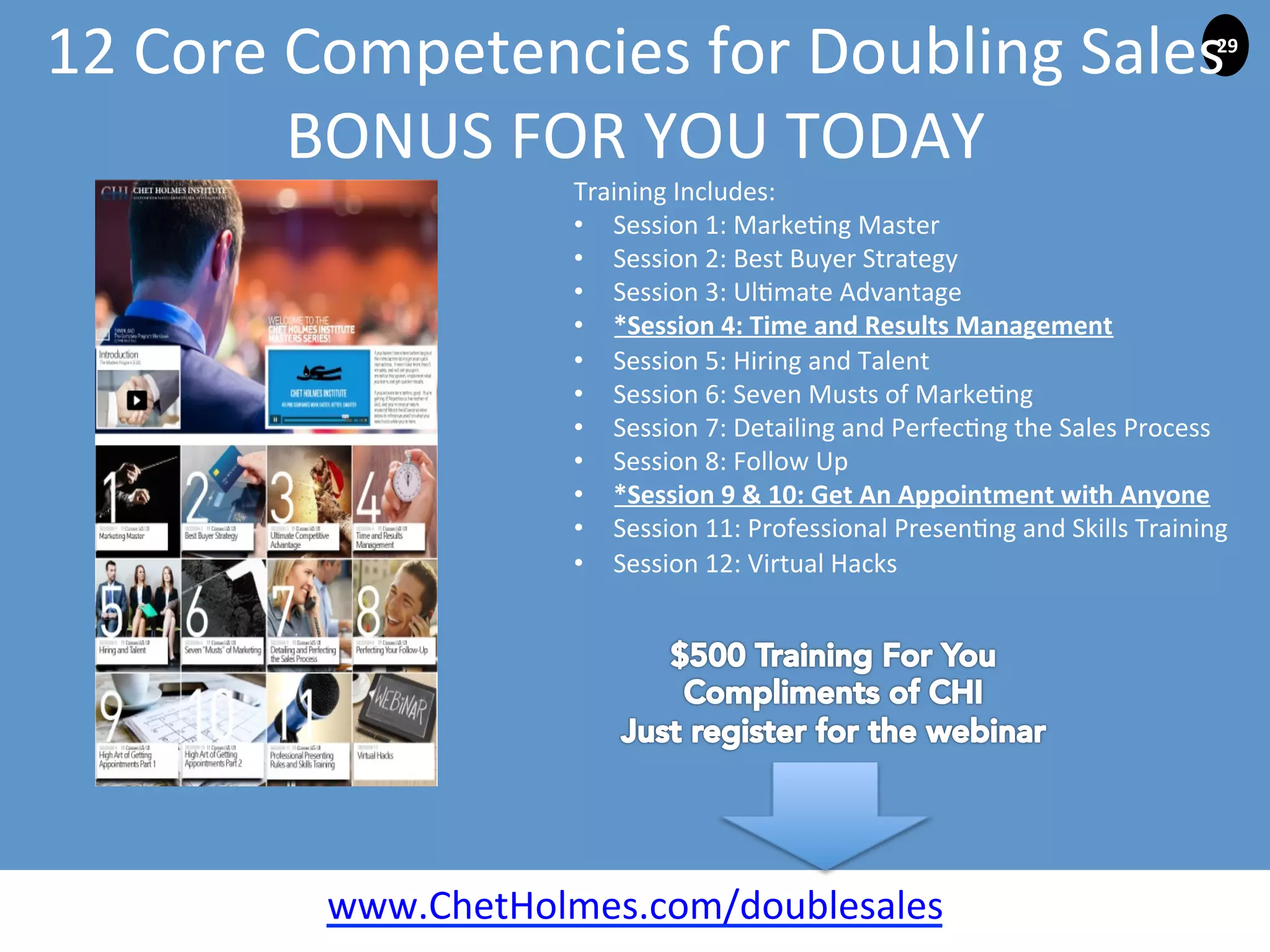 www.ChetHolmes.com	
  
©	
  2015	
  Chet	
  Holmes	
  Interna;onal.	
  All	
  Rights	
  
29	
  
Training	
  Includes:	
  
•  Session	
  1:	
  Marke;ng	
  Master	
  
•  Session	
  2:	
  Best	
  Buyer	
  Strategy	
  
•  Session	
  3:	
  Ul;mate	
  Advantage	
  
•  *Session	
  4:	
  Time	
  and	
  Results	
  Management	
  
•  Session	
  5:	
  Hiring	
  and	
  Talent	
  
•  Session	
  6:	
  Seven	
  Musts	
  of	
  Marke;ng	
  
•  Session	
  7:	
  Detailing	
  and	
  Perfec;ng	
  the	
  Sales	
  Process	
  
•  Session	
  8:	
  Follow	
  Up	
  
•  *Session	
  9	
  &	
  10:	
  Get	
  An	
  Appointment	
  with	
  Anyone	
  
•  Session	
  11:	
  Professional	
  Presen;ng	
  and	
  Skills	
  Training	
  
•  Session	
  12:	
  Virtual	
  Hacks	
  
12	
  Core	
  Competencies	
  for	
  Doubling	
  Sales	
  
BONUS	
  FOR	
  YOU	
  TODAY	
  
www.ChetHolmes.com/doublesales	
  
	
  
 