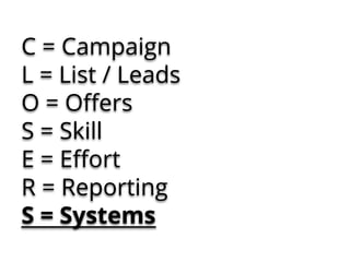 C = Campaign
L = List / Leads
O = Oﬀers
S = Skill
E = Eﬀort
R = Reporting
S = Systems
 