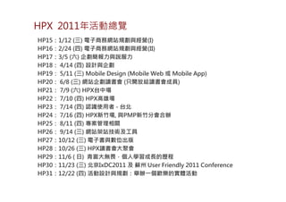HPX 2011年活動總覽
HP15：1/12 (三) 電子商務網站規劃與經營(I)
HP16：2/24 (四) 電子商務網站規劃與經營(II)
HP17：3/5 (六) 企劃簡報力與說服力
HP18： 4/14 (四) 設計與企劃
HP19： 5/11 (三) Mobile Design (Mobile Web 或 Mobile App)
HP20： 6/8 (三) 網站企劃讀書會 (只開放給讀書會成員)
HP21： 7/9 (六) HPX台中場
HP22： 7/10 (四) HPX高雄場
HP23： 7/14 (四) 認識使用者 - 台北
HP24： 7/16 (四) HPX新竹場, 與PMP新竹分會合辦
HP25： 8/11 (四) 專案管理相關
HP26： 9/14 (三) 網站架站技術及工具
HP27：10/12 (三) 電子書與數位出版
HP28：10/26 (三) HPX讀書會大聚會
HP29：11/6 ( 日) 青窗大無畏，個人學習成長的歷程
HP30：11/23 (三) 北京IxDC2011 及 蘇州 User Friendly 2011 Conference
HP31：12/22 (四) 活動設計與規劃：舉辦一個歡樂的實體活動
 