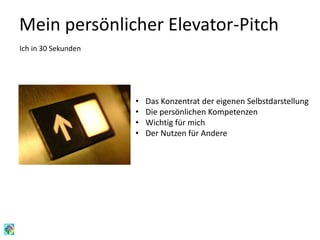 Mein persönlicher Elevator-Pitch
Ich in 30 Sekunden
• Das Konzentrat der eigenen Selbstdarstellung
• Die persönlichen Kompetenzen
• Wichtig für mich
• Der Nutzen für Andere
 