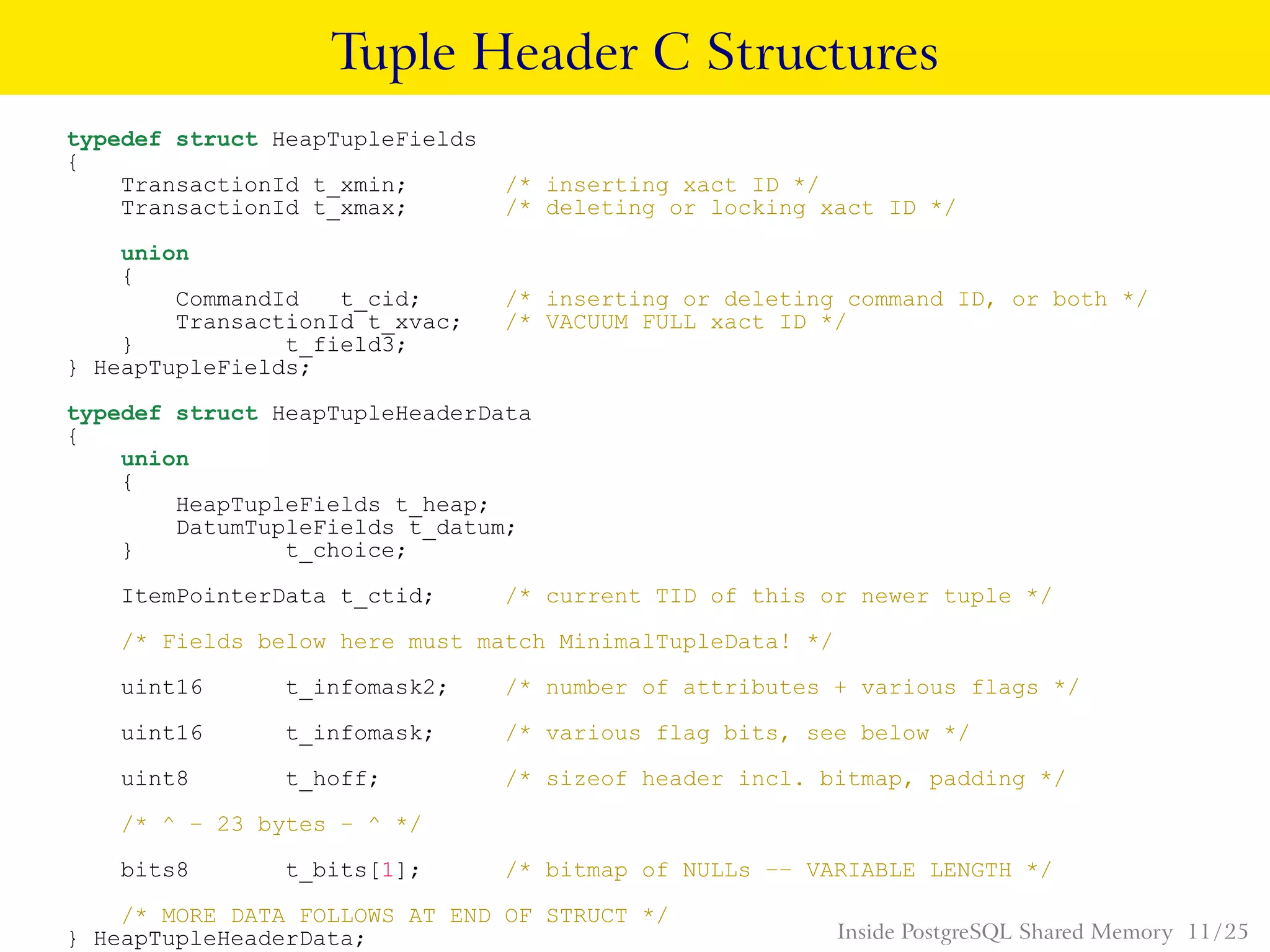 Tuple Header C Structures
typedef struct HeapTupleFields
{
TransactionId t_xmin; /* inserting xact ID */
TransactionId t_xmax; /* deleting or locking xact ID */
union
{
CommandId t_cid; /* inserting or deleting command ID, or both */
TransactionId t_xvac; /* VACUUM FULL xact ID */
} t_field3;
} HeapTupleFields;
typedef struct HeapTupleHeaderData
{
union
{
HeapTupleFields t_heap;
DatumTupleFields t_datum;
} t_choice;
ItemPointerData t_ctid; /* current TID of this or newer tuple */
/* Fields below here must match MinimalTupleData! */
uint16 t_infomask2; /* number of attributes + various flags */
uint16 t_infomask; /* various flag bits, see below */
uint8 t_hoff; /* sizeof header incl. bitmap, padding */
/* ^ − 23 bytes − ^ */
bits8 t_bits[1]; /* bitmap of NULLs −− VARIABLE LENGTH */
/* MORE DATA FOLLOWS AT END OF STRUCT */
} HeapTupleHeaderData; Inside PostgreSQL Shared Memory 11 / 25
 