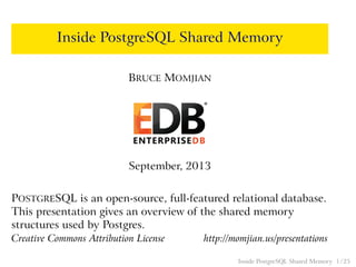 Inside PostgreSQL Shared Memory
BRUCE MOMJIAN
September, 2013
POSTGRESQL is an open-source, full-featured relational database.
This presentation gives an overview of the shared memory
structures used by Postgres.
Creative Commons Attribution License http://momjian.us/presentations
Inside PostgreSQL Shared Memory 1 / 25
 