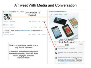 A Tweet With Media and Conversation Click to expand inline media, videos play “inside” the tweet Comments expand to display list of comments to tweet, allows for more robust, engaged, threaded “conversations” Click “Comment” Link To Expand List Click Picture To Expand  