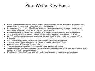 Sina Weibo Key Facts Easily moved celebrities and elite of media, entertainment, sports, business, academia, and government from Sina blogging platform to Sina Weibo Product designed to fit Chinese user behavior; message threading, ability to add extended comments more like BBS 2.0 than a pure Twitter “clone” Extremely stable platform; had a handful of outages, none more than a couple of hours  Sina executive: 100m+ users, growing 10m a month, expects 150m by end of 2011 60,000 verified accounts under real name system, top 100 users have a combined 180m followers 5,000 companies and 2,700 media organizations have Weibo accounts 25-30m “tweets”/day, peaked at 12,374/sec Chinese New Year’s Day Approximately 40% usage from mobile Youku inline videos played 1.3m+ /day on Sina Weibo (Nov. data) 2000 attendees at inaugural developers conference in November 2010, opening platform, give developers 70-30 split of revenues Established 200m RMB fund with VCs including Sequoia to invest in App developers 