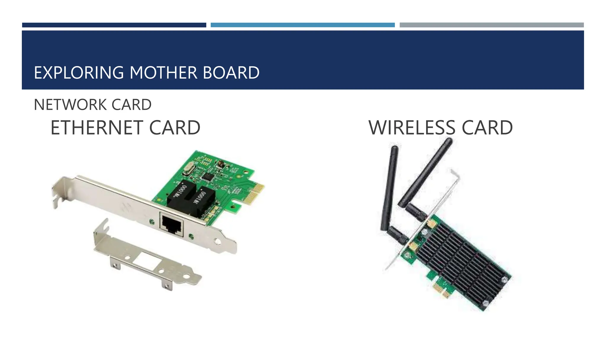 EXPLORING MOTHER BOARD
NETWORK CARD
ETHERNET CARD WIRELESS CARD