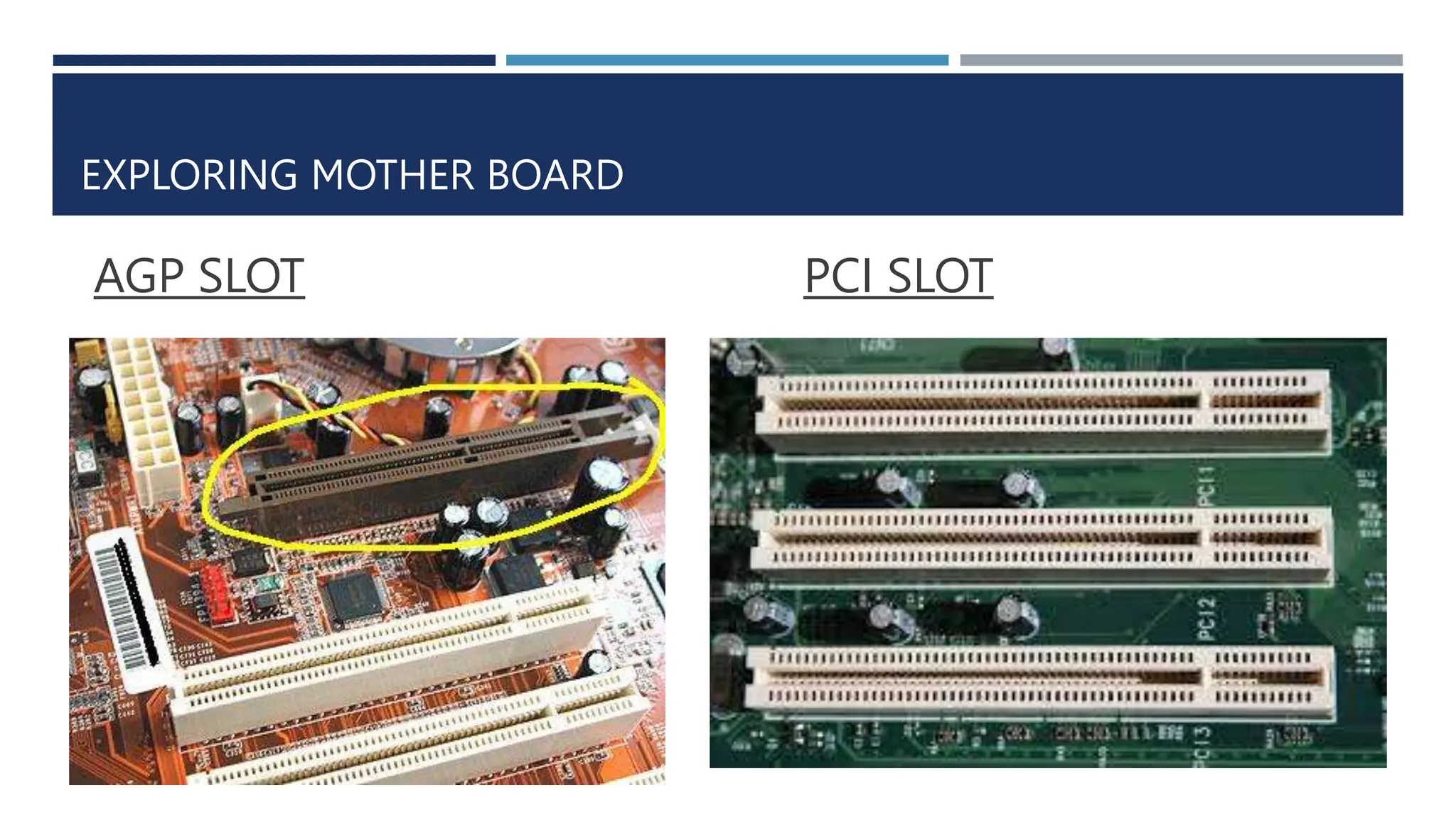 EXPLORING MOTHER BOARD
AGP SLOT PCI SLOT