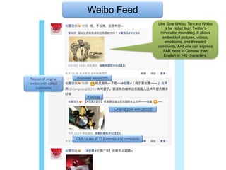 Weibo Feed
                                                                               Like Sina Weibo, Tencent Weibo
                                                                                   is far richer than Twitter’s
                                                                                minimalist microblog. It allows
                                                                                  embedded pictures, videos,
                                                                                   emoticons, and threaded
                                                                               comments. And one can express
                                                                                  FAR more in Chinese than
                                                                                   English in 140 characters.




Repost of original   Animated emoticons	

weibo with added
   comments	


                             Hashtag	



                                               Original post with picture	





                     Click to see all 153 reposts and comments	

 