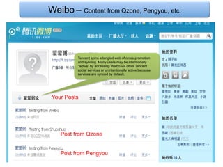 Weibo – Content from Qzone, Pengyou, etc.




          Tencent spins a tangled web of cross-promotion
          and syncing. Many users may be intentionally
          “active” by accessing Weibo via other Tencent
          social services or unintentionally active because
          services are synced by default.




 Your Posts




    Post from Qzone


    Post from Pengyou
 