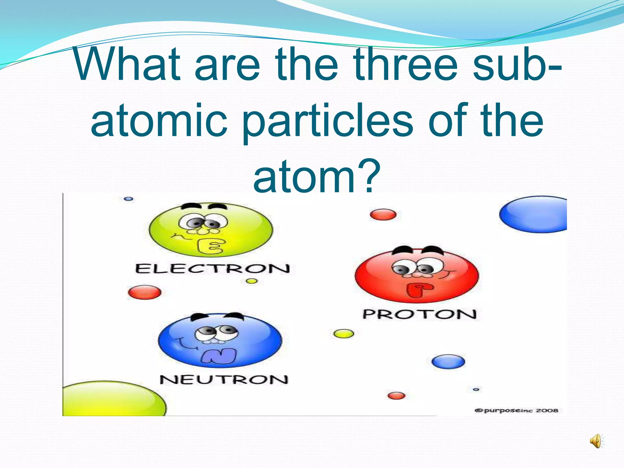 What are the three sub-
atomic particles of the
atom?
 