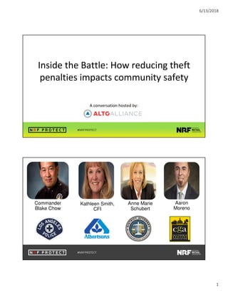 6/13/2018
1
Inside the Battle: How reducing theft
penalties impacts community safety
A conversation hosted by:
Commander
Blake Chow
Kathleen Smith,
CFI
Anne Marie
Schubert
Aaron
Moreno
 