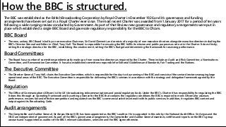 How the BBC is structured.
The BBC was established as the British Broadcasting Corporation by Royal Charter in December 1926 and it’s governance and funding
arrangements have been set out in a Royal Charter ever since. The most recent Charter was awarded from 1 January 2017 for a period of ten years
following a wide-ranging review conducted by Government. As part of that Review new governance and regulatory arrangements were put in
place which established a single BBC Board and gave sole regulatory responsibility for the BBC to Ofcom.
BBC Board
 The new, unitary, BBC Board is led by a non-executive Chairman, Sir David Clementi, and consists of a majority of non-executive directors alongside executive directors including the
BBC’s Director-General and Editor in-Chief, Tony Hall. The Board is responsible for ensuring the BBC fulfils its mission and public purposes as set out in the Charter. It does this by;
setting the strategic direction for the BBC, establishing the creative remit, setting the BBC’s Budget and determining the framework for assessing performance.
Board Committees
 The Board has a number of committees predominantly made up of non-executive directors as required by the Charter. These include an Audit and Risk Committee; a Nominations
Committee, and Remuneration Committee. It has also established committees responsible for Editorial Guidelines and Standards, Fair Trading and the Nations.
The Executive Committee
 The Director-General, Tony Hall, chairs the Executive Committee, which is responsible for the day-to-day running of the BBC and consists of the senior directors managing large
operational areas of the BBC. The Executive Committee is responsible for delivering the BBC’s services in accordance with the strategy and delegation framework agreed by the
Board.
Regulation
 The Office of Communications (Ofcom) is the UK’s broadcasting, telecommunications and postal regulatory body. Under the BBC’s Charter it has responsibility for regulating the BBC.
It does this through an Operating Framework and by setting a licence for the BBC that contains the regulatory conditions the BBC is required to meet. Ofcom also assesses
performance, ensures fair and effective competition and regulates how the BBC’s commercial activities interact with its public services. In addition, it regulates BBC content and
output against its Broadcasting Code.
Audit arrangements
 The Comptroller and Auditor General, Sir Amyas Morse KCB, has been appointed as the BBC’s auditor. He is supported in this role by the National Audit Office. Sir Amyas and the
NAO are independent of government. As part of the BBC’s governance arrangements, the Comptroller and Auditor General examines, certifies and reports on the BBC’s group
accounts and is appointed as auditor of the BBC’s relevant subsidiaries, unless he and the BBC agree otherwise.
 