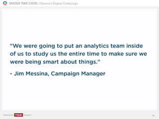 INSIDE THE CAVE: Obama’s Digital Campaign
Published by Research
"We were going to put an analytics team inside
of us to study us the entire time to make sure we
were being smart about things."
- Jim Messina, Campaign Manager
18
 