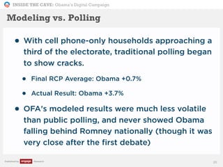 INSIDE THE CAVE: Obama’s Digital Campaign
Published by Research
• With cell phone-only households approaching a
third of the electorate, traditional polling began
to show cracks.
• Final RCP Average: Obama +0.7%
• Actual Result: Obama +3.7%
• OFA's modeled results were much less volatile
than public polling, and never showed Obama
falling behind Romney nationally (though it was
very close after the first debate)
25
Modeling vs. Polling
 