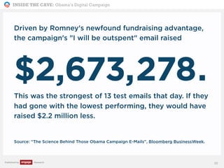 INSIDE THE CAVE: Obama’s Digital Campaign
Published by Research
Driven by Romney's newfound fundraising advantage,
the campaign's "I will be outspent" email raised
$2,673,278.
This was the strongest of 13 test emails that day. If they
had gone with the lowest performing, they would have
raised $2.2 million less.
Source: “The Science Behind Those Obama Campaign E-Mails”, Bloomberg BusinessWeek.
35
 
