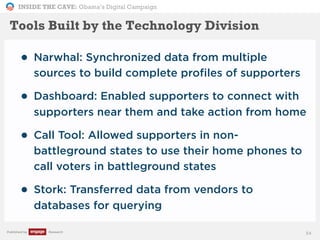 INSIDE THE CAVE: Obama’s Digital Campaign
Published by Research
• Narwhal: Synchronized data from multiple
sources to build complete profiles of supporters
• Dashboard: Enabled supporters to connect with
supporters near them and take action from home
• Call Tool: Allowed supporters in non-
battleground states to use their home phones to
call voters in battleground states
• Stork: Transferred data from vendors to
databases for querying
54
Tools Built by the Technology Division
 