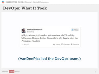 INSIDE THE CAVE: Obama’s Digital Campaign
Published by Research
(VanDenPlas led the DevOps team.)
61
DevOps: What It Took
 