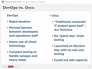 INSIDE THE CAVE: Obama’s Digital Campaign
Published by Research
DevOps
• Rapid iteration
• Minimal barriers
between developers
and operations staff
• Heavy use of cloud
technology
• Constant testing to
handle outages and
heavy loads
63
DevOps vs. Orca
• Orca
• “Traditional corporate
IT project gone bad” -
Ars Technica
• No "game day"-style
testing
• Launched on Election
Day with no real user
testing
• Could not add capacity
 