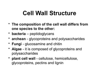 Cell Wall Structure
• The composition of the cell wall differs from
one species to the other:
• bacteria – peptidoglycans
• archean - glycoproteins and polysaccharides
• Fungi - glucosamine and chitin
• Algae - it is composed of glycoproteins and
polysaccharides
• plant cell wall - cellulose, hemicellulose,
glycoproteins, pectins and lignin
 