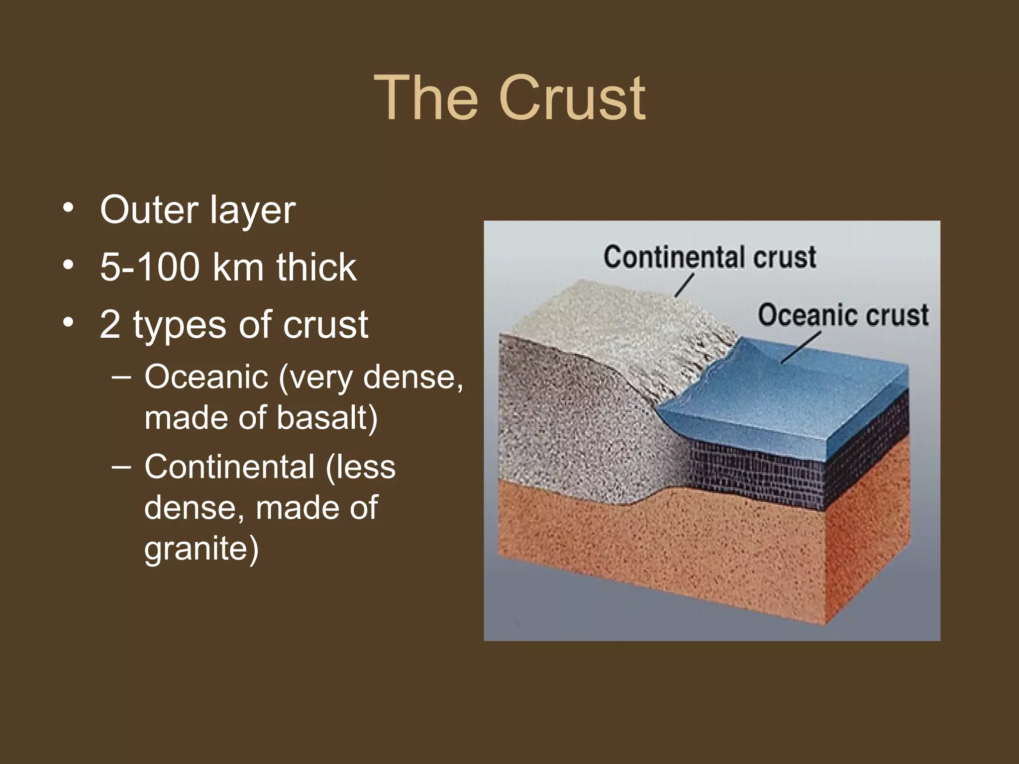 The Crust Outer layer 5-100 km thick 2 types of crust Oceanic (very dense, made of basalt) Continental (less dense, made of granite)