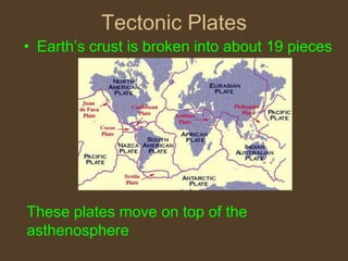 Tectonic Plates
• Earth’s crust is broken into about 19 pieces




These plates move on top of the
asthenosphere
 