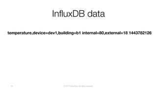 © 2017 InfluxData. All rights reserved.26
InfluxDB data
temperature,device=dev1,building=b1 internal=80,external=18 1443782126
 
