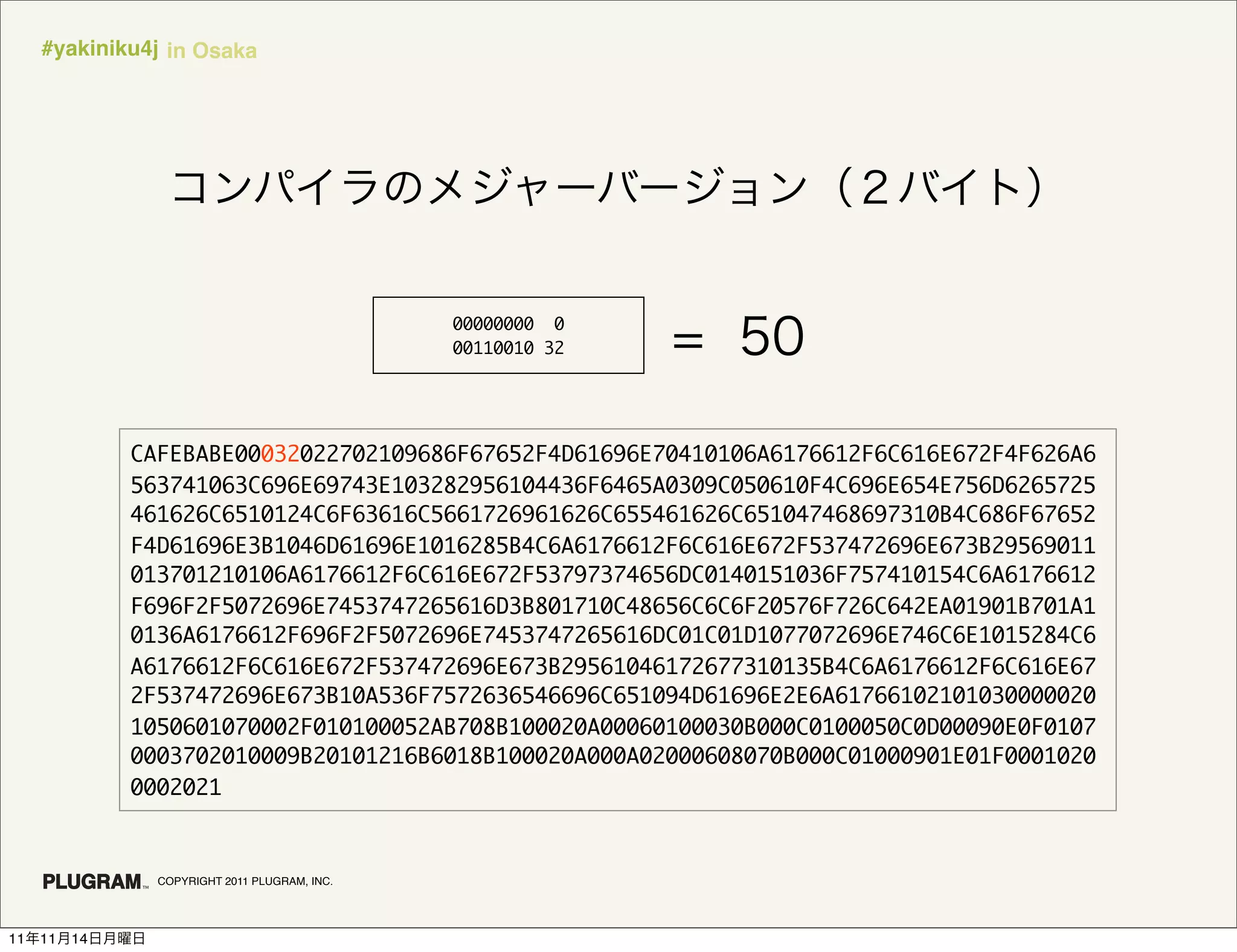 #yakiniku4j in Osaka




                                                00000000 0
                                                00110010 32




               CAFEBABE00032022702109686F67652F4D61696E70410106A6176612F6C616E672F4F626A6
               563741063C696E69743E103282956104436F6465A0309C050610F4C696E654E756D6265725
               461626C6510124C6F63616C5661726961626C655461626C651047468697310B4C686F67652
               F4D61696E3B1046D61696E1016285B4C6A6176612F6C616E672F537472696E673B29569011
               013701210106A6176612F6C616E672F53797374656DC0140151036F757410154C6A6176612
               F696F2F5072696E7453747265616D3B801710C48656C6C6F20576F726C642EA01901B701A1
               0136A6176612F696F2F5072696E7453747265616DC01C01D1077072696E746C6E1015284C6
               A6176612F6C616E672F537472696E673B29561046172677310135B4C6A6176612F6C616E67
               2F537472696E673B10A536F7572636546696C651094D61696E2E6A61766102101030000020
               1050601070002F010100052AB708B100020A00060100030B000C0100050C0D00090E0F0107
               0003702010009B20101216B6018B100020A000A02000608070B000C01000901E01F0001020
               0002021



                 COPYRIGHT 2011 PLUGRAM, INC.




11   11   14
 