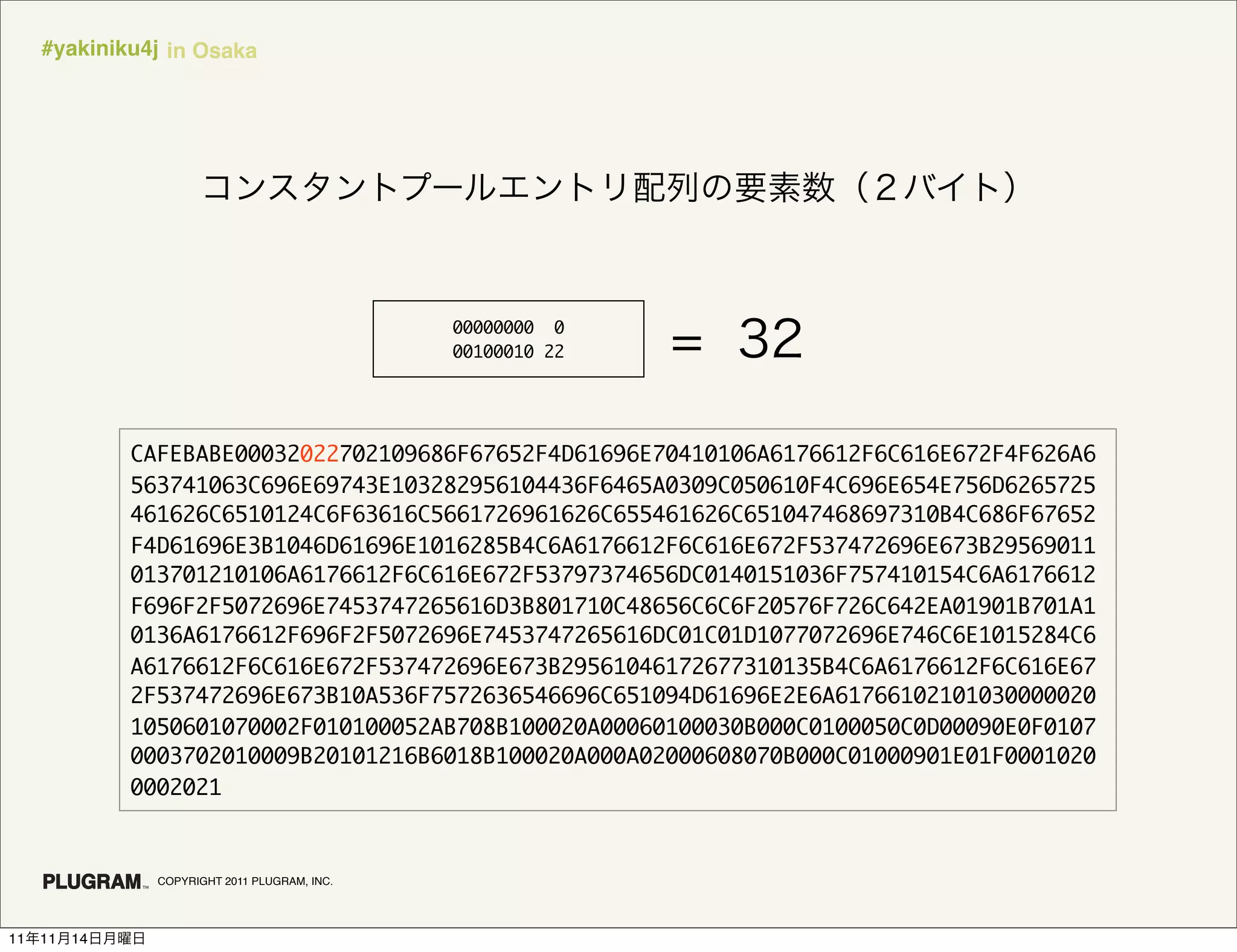 #yakiniku4j in Osaka




                                                00000000 0
                                                00100010 22




               CAFEBABE00032022702109686F67652F4D61696E70410106A6176612F6C616E672F4F626A6
               563741063C696E69743E103282956104436F6465A0309C050610F4C696E654E756D6265725
               461626C6510124C6F63616C5661726961626C655461626C651047468697310B4C686F67652
               F4D61696E3B1046D61696E1016285B4C6A6176612F6C616E672F537472696E673B29569011
               013701210106A6176612F6C616E672F53797374656DC0140151036F757410154C6A6176612
               F696F2F5072696E7453747265616D3B801710C48656C6C6F20576F726C642EA01901B701A1
               0136A6176612F696F2F5072696E7453747265616DC01C01D1077072696E746C6E1015284C6
               A6176612F6C616E672F537472696E673B29561046172677310135B4C6A6176612F6C616E67
               2F537472696E673B10A536F7572636546696C651094D61696E2E6A61766102101030000020
               1050601070002F010100052AB708B100020A00060100030B000C0100050C0D00090E0F0107
               0003702010009B20101216B6018B100020A000A02000608070B000C01000901E01F0001020
               0002021



                 COPYRIGHT 2011 PLUGRAM, INC.




11   11   14
 