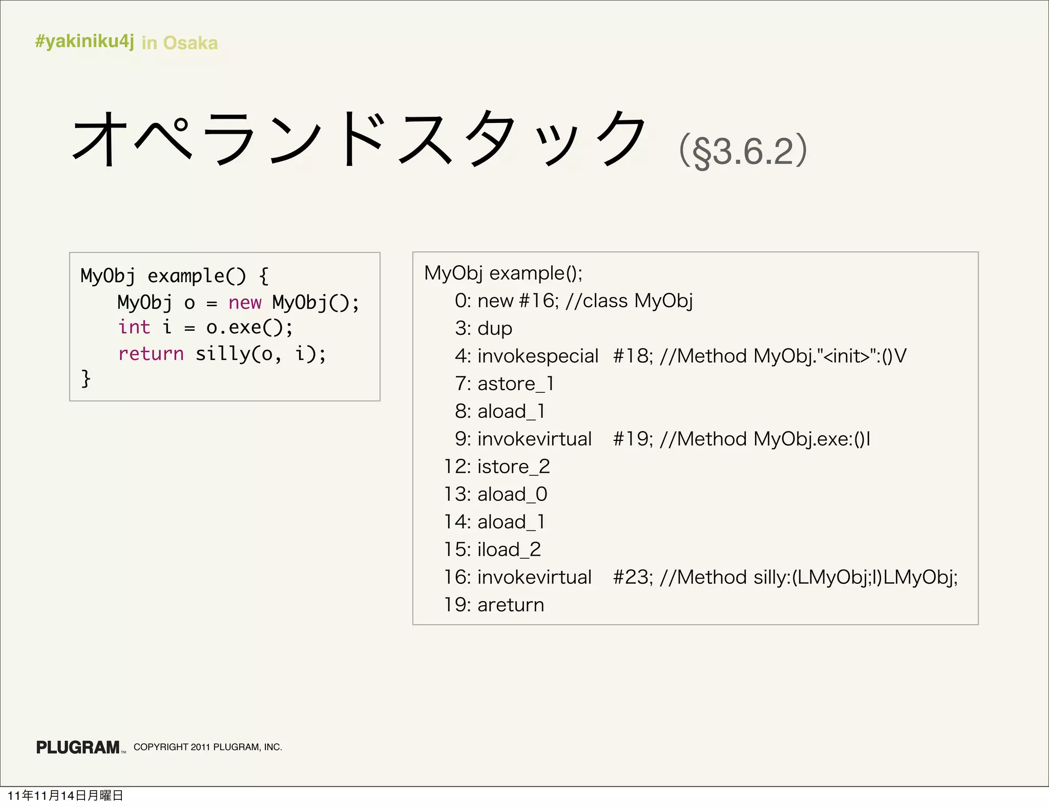 #yakiniku4j in Osaka




                                                  §3.6.2


               MyObj example() {
               	 MyObj o = new MyObj();
               	 int i = o.exe();
               	 return silly(o, i);
               }




                   COPYRIGHT 2011 PLUGRAM, INC.




11   11   14
 
