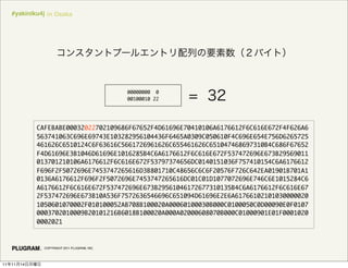 #yakiniku4j in Osaka




                                                00000000 0
                                                00100010 22




               CAFEBABE00032022702109686F67652F4D61696E70410106A6176612F6C616E672F4F626A6
               563741063C696E69743E103282956104436F6465A0309C050610F4C696E654E756D6265725
               461626C6510124C6F63616C5661726961626C655461626C651047468697310B4C686F67652
               F4D61696E3B1046D61696E1016285B4C6A6176612F6C616E672F537472696E673B29569011
               013701210106A6176612F6C616E672F53797374656DC0140151036F757410154C6A6176612
               F696F2F5072696E7453747265616D3B801710C48656C6C6F20576F726C642EA01901B701A1
               0136A6176612F696F2F5072696E7453747265616DC01C01D1077072696E746C6E1015284C6
               A6176612F6C616E672F537472696E673B29561046172677310135B4C6A6176612F6C616E67
               2F537472696E673B10A536F7572636546696C651094D61696E2E6A61766102101030000020
               1050601070002F010100052AB708B100020A00060100030B000C0100050C0D00090E0F0107
               0003702010009B20101216B6018B100020A000A02000608070B000C01000901E01F0001020
               0002021



                 COPYRIGHT 2011 PLUGRAM, INC.




11   11   14
 