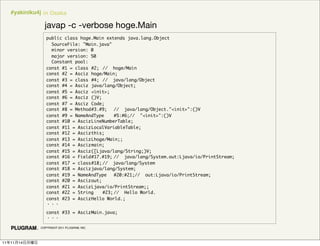 #yakiniku4j in Osaka

                 javap -c -verbose hoge.Main
                  public class hoge.Main extends java.lang.Object
                    SourceFile: "Main.java"
                    minor version: 0
                    major version: 50
                    Constant pool:
                  const #1 = class	 #2;	 // hoge/Main
                  const #2 = Asciz	 hoge/Main;
                  const #3 = class	 #4;	 // java/lang/Object
                  const #4 = Asciz	 java/lang/Object;
                  const #5 = Asciz	 <init>;
                  const #6 = Asciz	 ()V;
                  const #7 = Asciz	 Code;
                  const #8 = Method	#3.#9;	 // java/lang/Object."<init>":()V
                  const #9 = NameAndType	    #5:#6;// "<init>":()V
                  const #10 = Asciz	LineNumberTable;
                  const #11 = Asciz	LocalVariableTable;
                  const #12 = Asciz	this;
                  const #13 = Asciz	Lhoge/Main;;
                  const #14 = Asciz	main;
                  const #15 = Asciz	([Ljava/lang/String;)V;
                  const #16 = Field	#17.#19;	// java/lang/System.out:Ljava/io/PrintStream;
                  const #17 = class	#18;	// java/lang/System
                  const #18 = Asciz	java/lang/System;
                  const #19 = NameAndType	 #20:#21;// out:Ljava/io/PrintStream;
                  const #20 = Asciz	out;
                  const #21 = Asciz	Ljava/io/PrintStream;;
                  const #22 = String	 #23;	  // Hello World.
                  const #23 = Asciz	Hello World.;


                  const #33 = Asciz	
                                   Main.java;


               COPYRIGHT 2011 PLUGRAM, INC.




11   11   14
 
